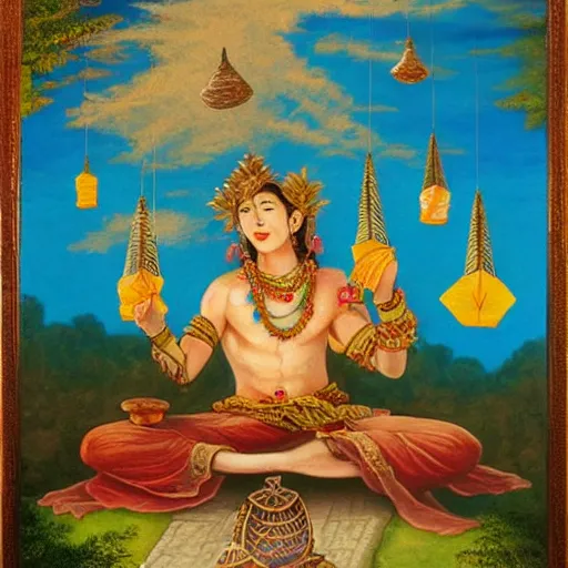 Prompt: painting of a god of wind enjoying his heavenly palace, decorated with windchimes and paper lanterns, stunning nature in background