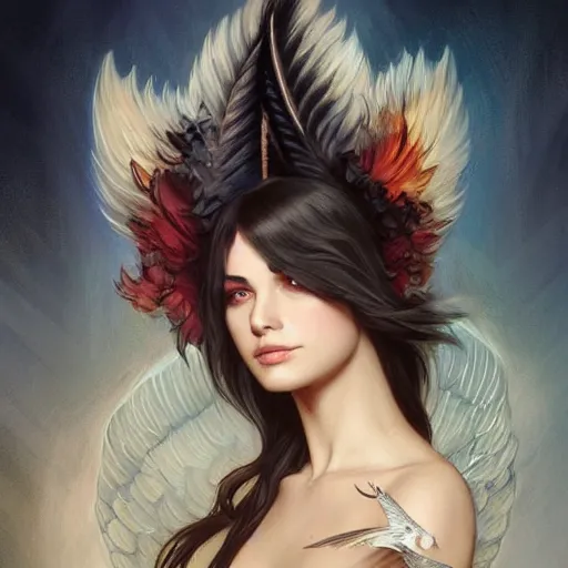 Image similar to a great lucifer, with beautiful wings, beautiful feather, demon horn with fire on head, long dark hair, intricate, elegant, highly detailed, digital painting, artstation, concept art, smooth, sharp focus, illustration, art by artgerm and greg rutkowski and alphonse mucha