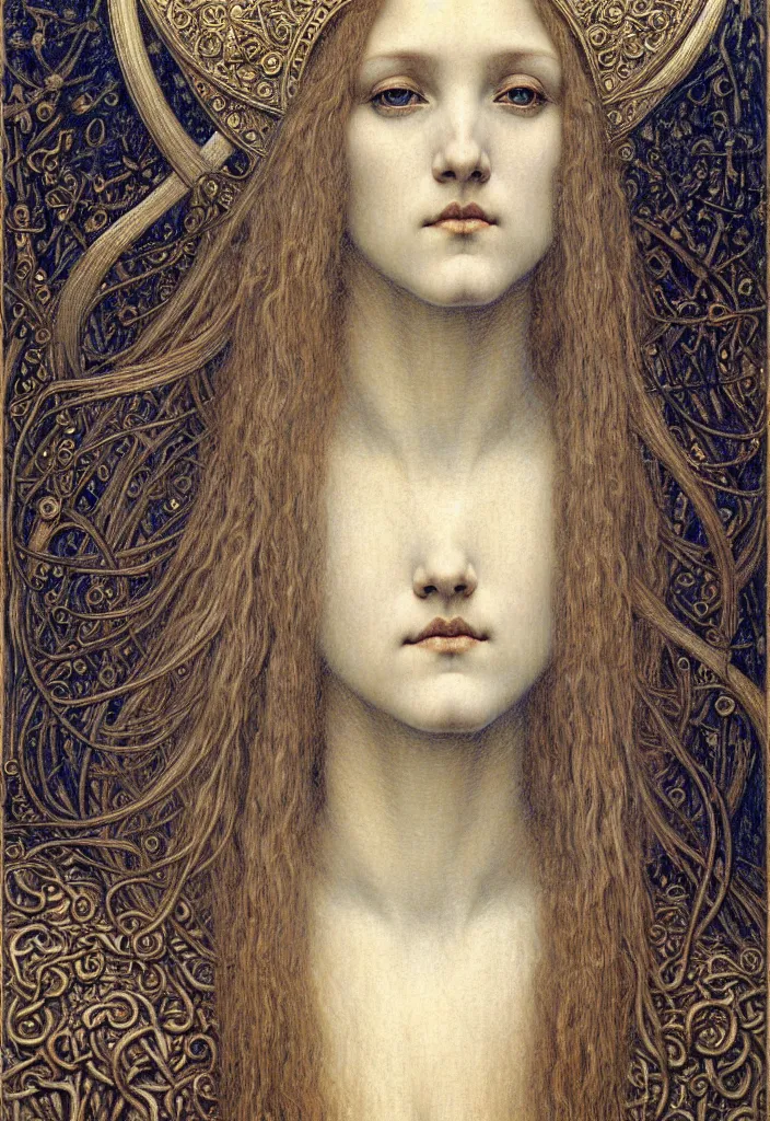 Image similar to detailed realistic beautiful young medieval queen face portrait by jean delville, gustave dore and marco mazzoni, art nouveau, symbolist, visionary, gothic, pre - raphaelite. horizontal symmetry