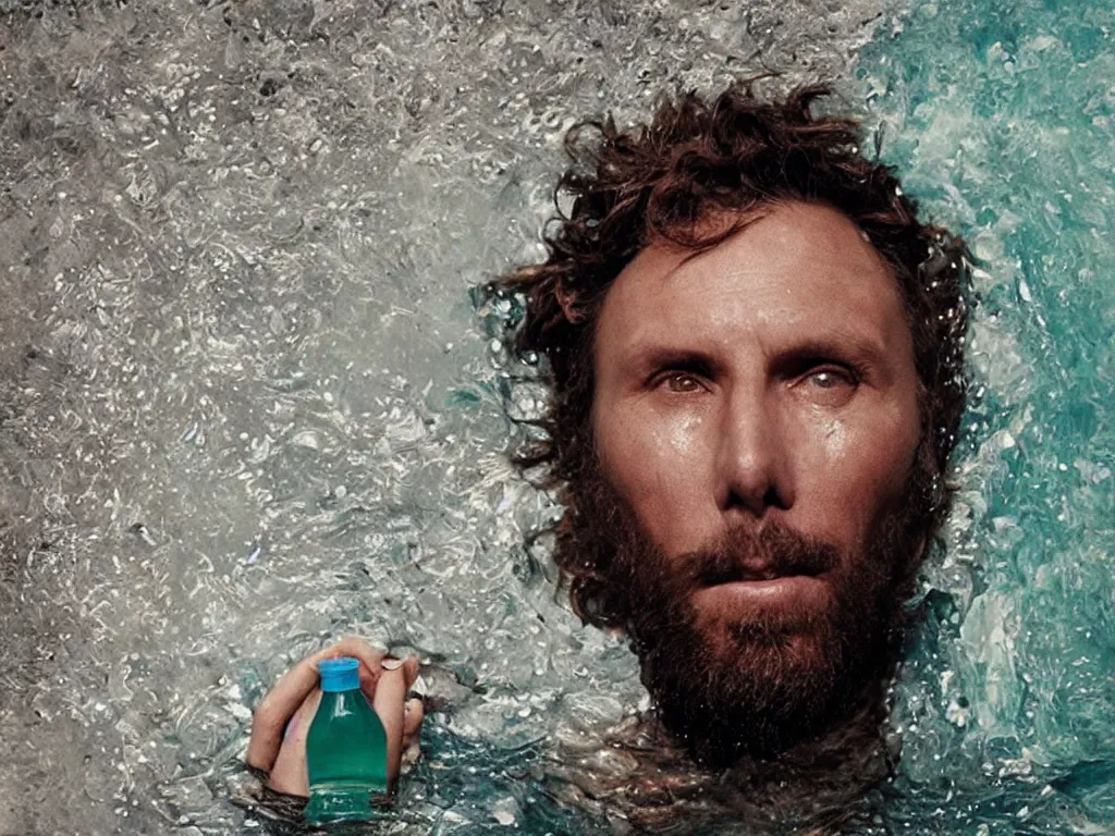 Prompt: lorenzo cherubini jovanotti submerged in plastic bottles crying, polaroid color photo, ultra realistic