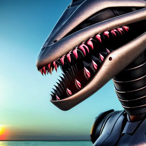 Image similar to close up maw shot of a cute stunning robot anthropomorphic female dragon, with sleek silver armor, a black OLED visor over the eyes, looking at the camera, her dragon maw open in front of the camera, camera looking down into the maw, seeing the gullet, tongue, and teeth, about to consume you, on the beach at sunset, highly detailed digital art, furry art, anthro art, sci fi, warframe art, destiny art, high quality, 3D realistic, mawshot, dragon art, Furaffinity, Deviantart