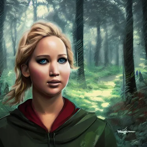 Image similar to a portrait of jennifer lawrence as a pokemon trainer, in a dark forest, extremely detailed digital art, trending on artstation hyper realistic matte painting, by wlop, art germ