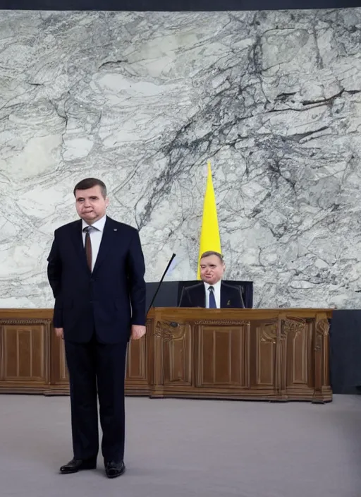 Prompt: the president of ukraine stands at the front in a photorealistic way