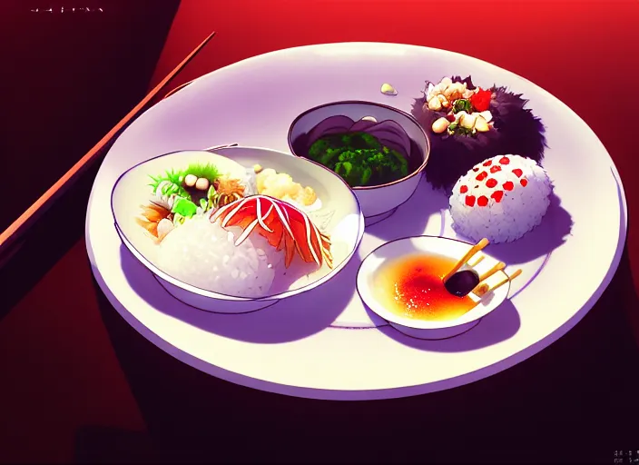 Image similar to a film still portrait of a plate with japanese food onigiri, finely detailed features, closeup at the food, perfect art, at a dinner table, gapmoe yandere grimdark, trending on pixiv fanbox, painted by greg rutkowski makoto shinkai takashi takeuchi studio ghibli, akihiko yoshida