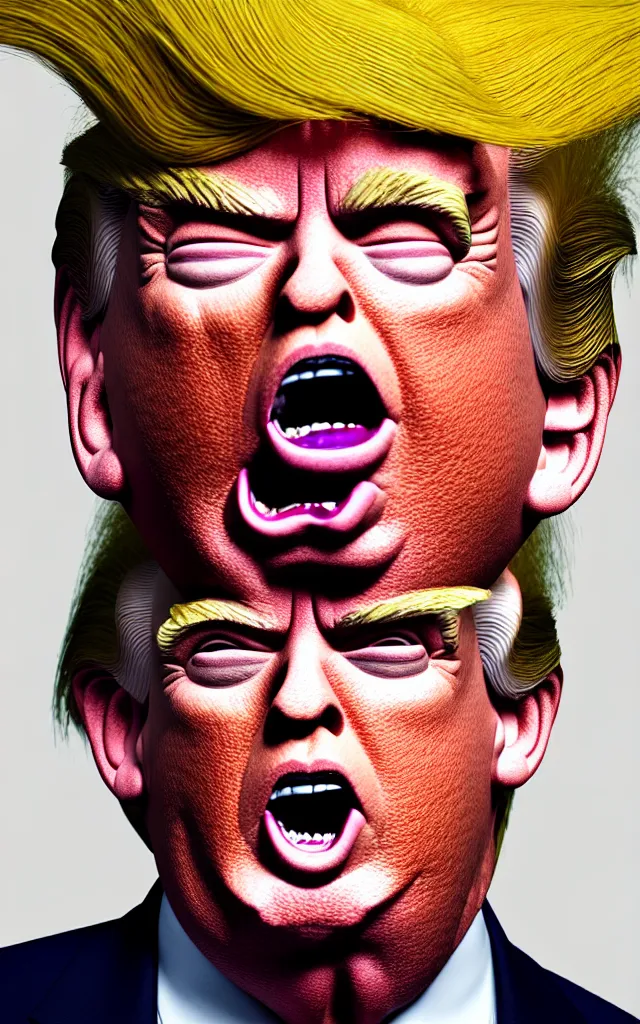 Image similar to hyperrealistic mixed media painting of Donald Trump as a Troll doll, stunning 3d render inspired art by P. Craig Russell and Barry Windsor-Smith + perfect facial symmetry + dim volumetric lighting, head and shoulders, serious expression, 8k octane beautifully detailed render, post-processing, extremely hyperdetailed, intricate, epic composition, grim yet sparkling atmosphere, cinematic lighting + masterpiece, trending on artstation, very detailed, masterpiece, stunning