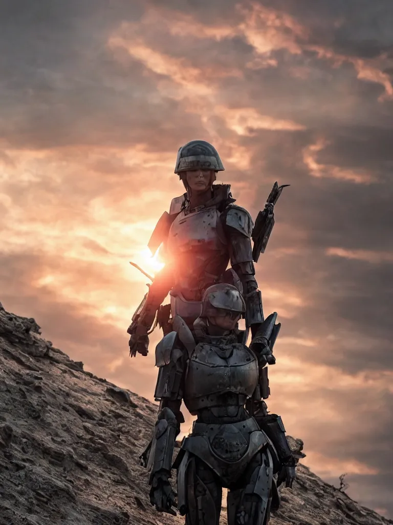 Image similar to emily blunt in futuristic power armor, standing on a hill, holding a sword, edge of tomorrow, angel of verdun, sunset