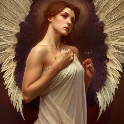 Image similar to portrait of angel wings highly detailed, digital painting, artstation, concept art, smooth, sharp focus, illustration, art by artgerm and greg rutkowski and alphonse mucha