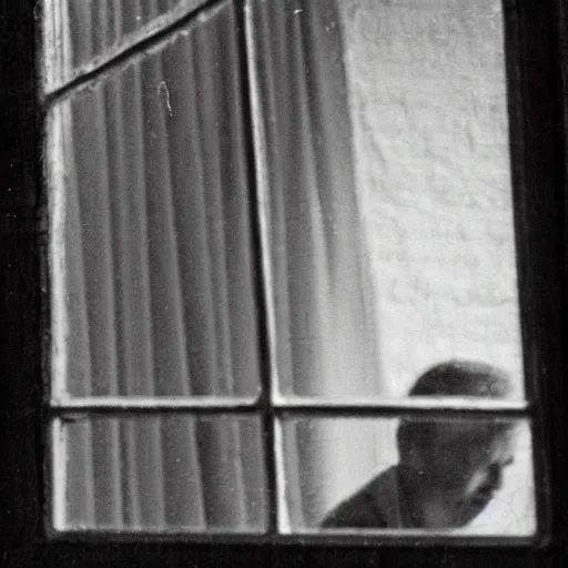 Prompt: zoomed cropped portrait of a voyeuristic stare of a neighbor through a window, telephoto lens, black and white B&W, vintage photograph, Historical Archive