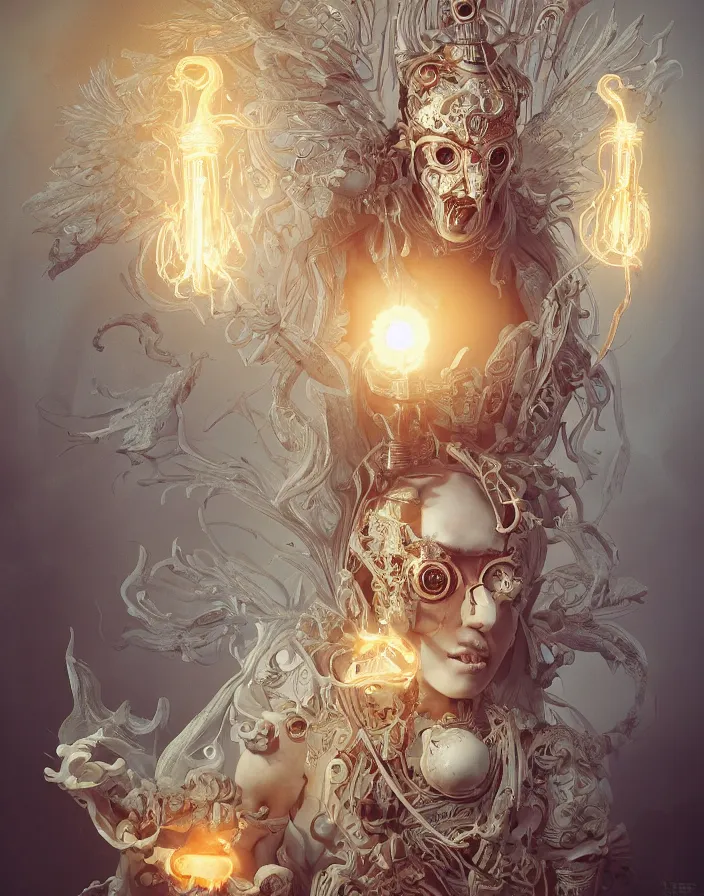 Prompt: symmetrical beautiful phoenix princess monk in robe face portrait in biomechanical mask of a cyberpunk demon by Roberto Ferri. Edison bulb. white plastic. human skull jellyfish butterfly phoenix head, beautiful flowers. burning water. baroque ornament details, intricate artwork by Tooth Wu and wlop and beeple and dan mumford and greg rutkowski. halo. octane render, cinematic, hyper realism, octane render, 8k, depth of field, bokeh. iridescent touch. vibrant. saturated. blade runner style