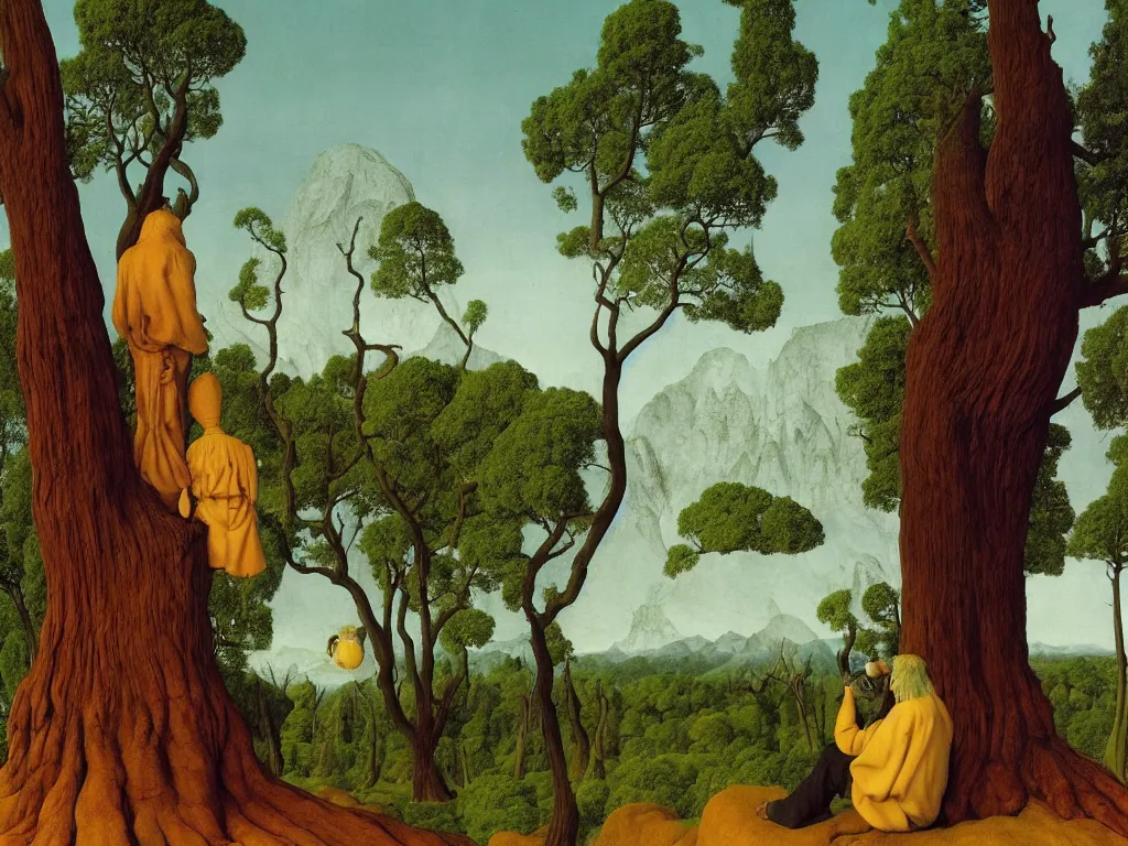 Prompt: albino mystic, with his back turned, with wild exotic Cabezon looking at a giant Sequoia forest in the distance. Painting by Jan van Eyck, Audubon, Rene Magritte, Agnes Pelton, Max Ernst, Walton Ford