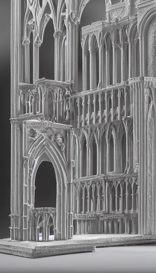 Prompt: a stunningly detailed architectural model of a colonnade courtyard with rusticated shiny white arches that looks like a gothic cathedral. A diorama on display in a museum vitrine. Transparent glowing gills. Neon effect. The interior looks like heaven, awe, wow, highly detailed, product photography, well lit, 8k