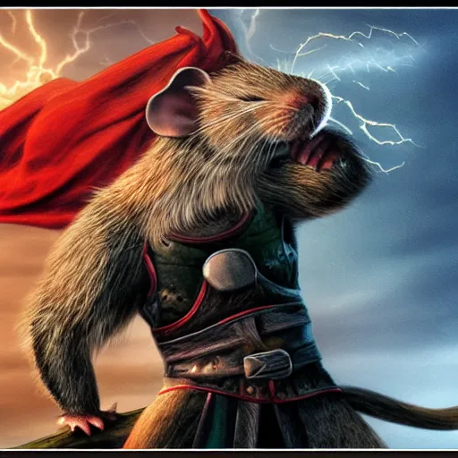 Image similar to the rat thor ~ holding his hammer ~ dramatic thunder background ~ fighting scene ~