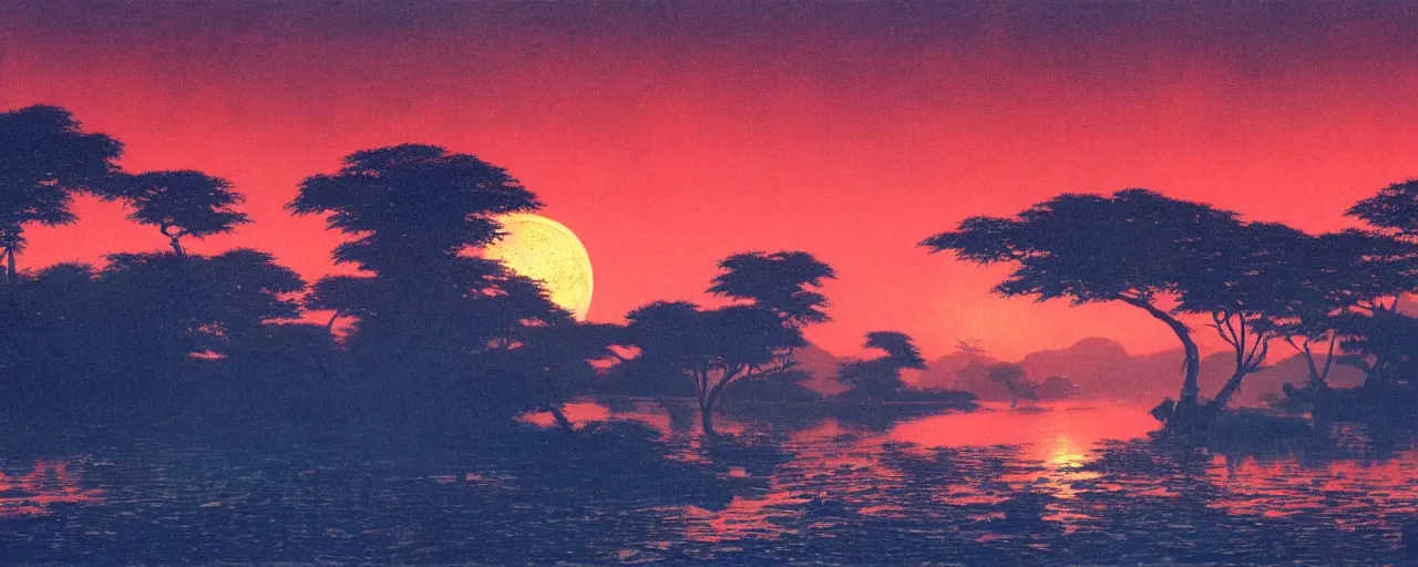 Image similar to awe inspiring bruce pennington landscape, digital art painting of 1 9 6 0 s, japan at night, red sunset, 4 k, 8 k, detailed