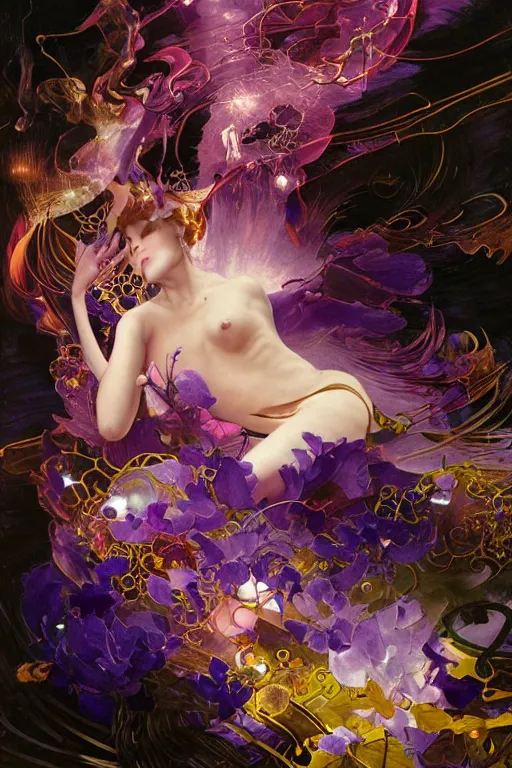 Image similar to she dreams of arcs of purple flame intertwined with glowing sparks, glinting particles of ice, dramatic lighting, steampunk, secret holographic cyphers, red flowers, bright neon solar flares, high contrast, smooth, sharp focus, art nouveau, painting by Caravaggio and Yoshitaka Amano and ruan jia and greg rutkowski and Alphonse Mucha