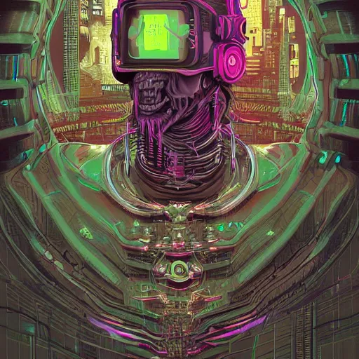 Prompt: digital portrait painting of a cyberpunk eldritch abomination by Dan Mumford, hyperdetailed, trending on Artstation