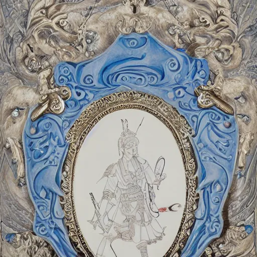Image similar to Ancient warrior holding Clear white textured shield with artistically executed decorations of peonies, foliated scrolls, dragons and medallions in white reserve on an opaque mazarine blue ground. Capped with metal