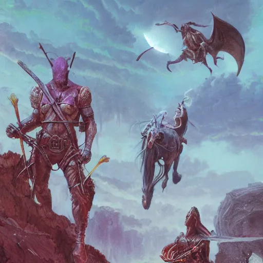 Prompt: group of 4 new adventurers, at a farm, morning, fantasy, d & d, highly detailed, wayne barlowe, trending on artstation