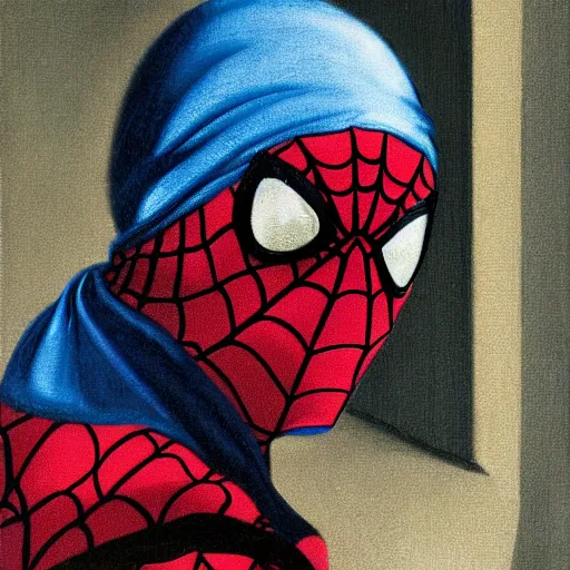 Image similar to Spiderman with a pearl earring by Vermeer
