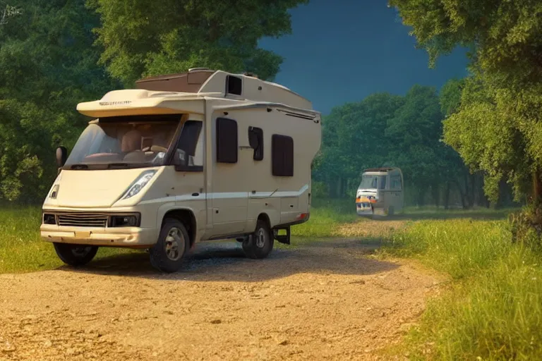 Image similar to a wholesome animation key shot of!! one!! focused! hymer motorhome! in romanian countryside, medium shot, studio ghibli, ( pixar ) and disney animation, sharp, very detailed, high resolution, rendered in unreal engine 5, anime key art by greg rutkowski, bloom, dramatic lighting