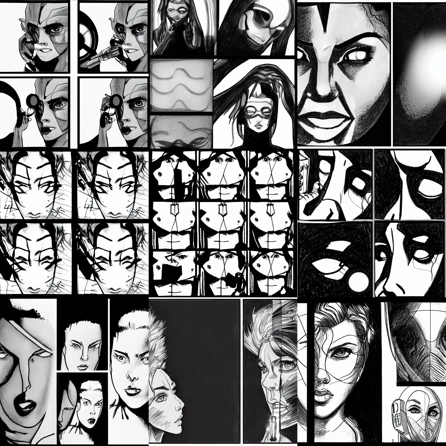 Prompt: scarlett johansson, wearing half face mask, searching dark alien spaceship, holding a flashlight, black and white, pencil and ink manga 3 panels showing different angles of same scene