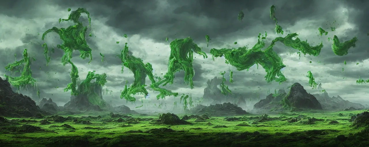 Image similar to landscape covered in green slime and goo, [ cinematic, detailed, epic, widescreen, opening, establishing, mattepainting, photorealistic, 4 k, octane render, art by greg rutkowski ]