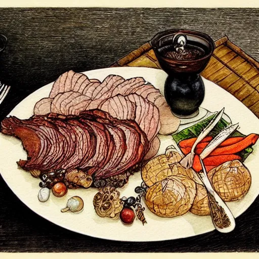 Prompt: one platter with roasted pork and fruit on a wooden table with cozy fireplace in the background, warm lighting, fantasy, intricate, elegant, highly detailed, digital painting, artstation, concept art, matte, sharp focus, illustration, art by kay nielsen and walter crane, illustration style, watercolor w 7 6 8