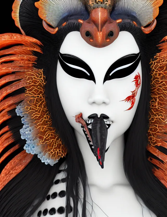 Image similar to 3 d goddess close - up profile simple portrait punk with mohawk with ram skull. beautiful intricately detailed japanese crow kitsune mask and clasical japanese kimono. betta fish, jellyfish phoenix, bio luminescent, plasma, ice, water, wind, creature, artwork by tooth wu and wlop and beeple and greg rutkowski