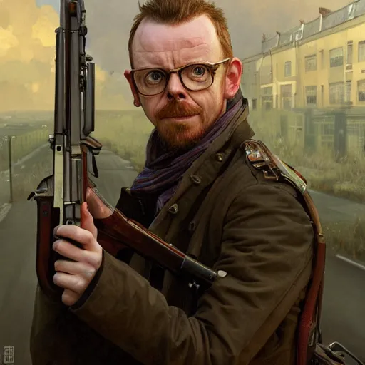 Image similar to portrait of simon pegg in the london of suburbs, winchester rifle, zombie apocalypse, joyful smirk, intricate, elegant, highly detailed, digital painting, artstation, concept art, matte, sharp focus, illustration, art by artgerm and greg rutkowski and alphonse mucha