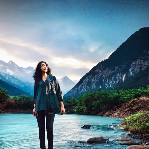 Image similar to photograph of shraddha kapoor near a river, mountains in background, night time