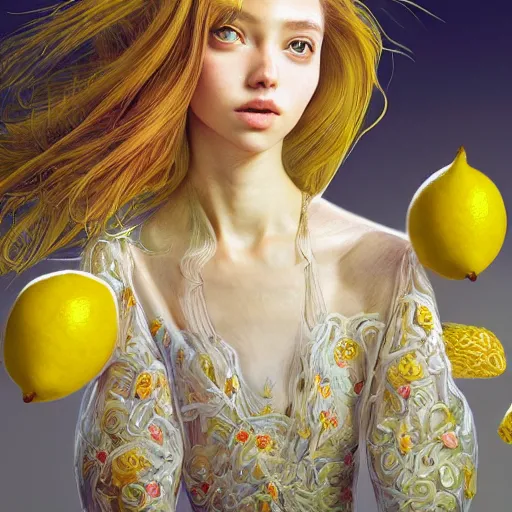 Image similar to the portrait of an absurdly beautiful, graceful, elegant, sophisticated, young teen girl made up of lemons looking up, an ultrafine hyperdetailed illustration by kim jung gi, irakli nadar, intricate linework, bright colors, octopath traveler, final fantasy, unreal engine 5 highly rendered, global illumination, radiant light, detailed and intricate environment