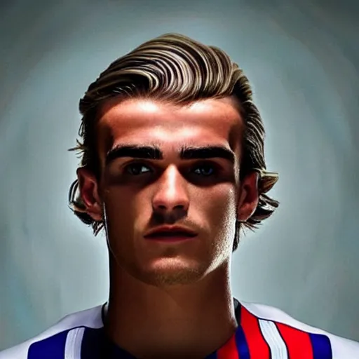 Image similar to a realistic detailed photo of a guy who is an attractive humanoid who is half robot and half humanoid, who is a male android, soccer player antoine griezmann, shiny skin, posing like a statue, blank stare, in a living room, on display, showing off his muscles
