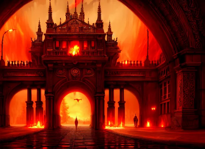 Prompt: huge gate, environment, illustration, fire, smoky, red, colors, epic scene, symmetrical, golden raito, high quality, intricate details, details, intricate, atmosphere, highly detailed, matte painting, cinematic, deviantart, realistic, concept art, 4 k