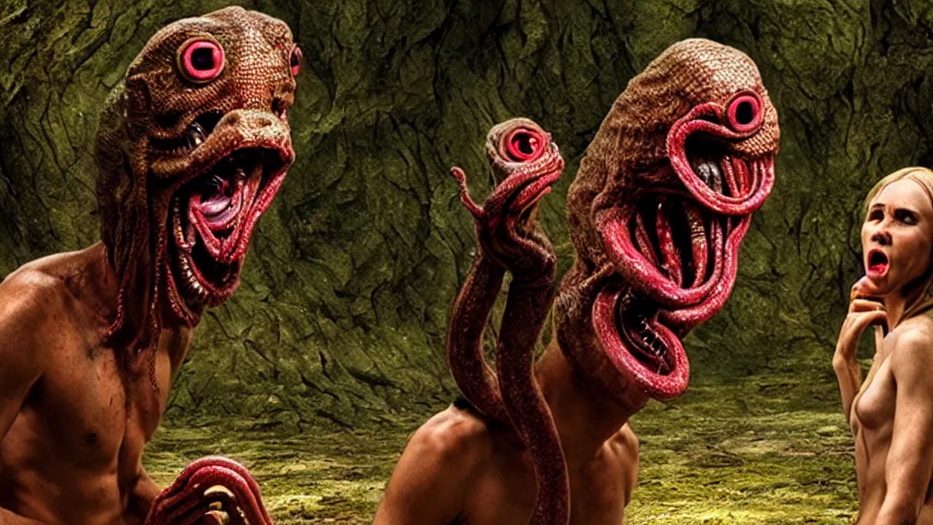 Image similar to Adam and eve with a screaming worm monster, maximalist, high detail, 8k, ornate, dark fantasy, realistic, masterpiece, complex, WLOP, film still from the movie directed by Denis Villeneuve, wide angle, colorful