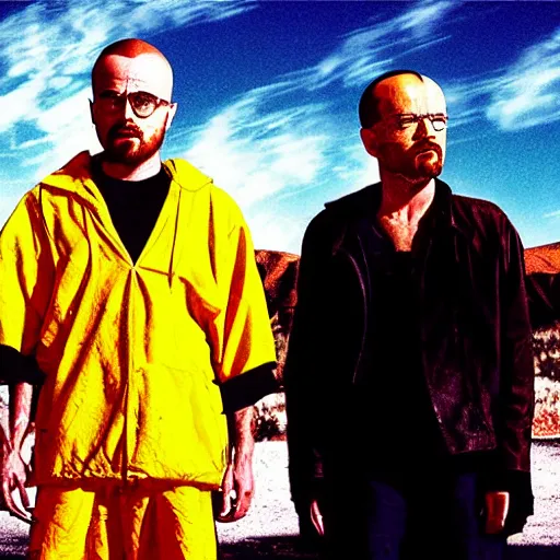 Prompt: jesse pinkman and walter white on a pulp fiction poster, cinimatic poster, high detail, saturated