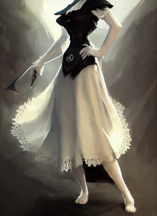 Image similar to dnd character concept art by craig mullins and tom bagshaw of full body!! illustration of a beautiful platinum blonde victorian maid. beautiful slender face, playful updo, big blue eyes, fine pointy chin, slender nose, high cheek bones, soft lips. maid in a black dress with white apron. lace, embroidery, leather, studs.