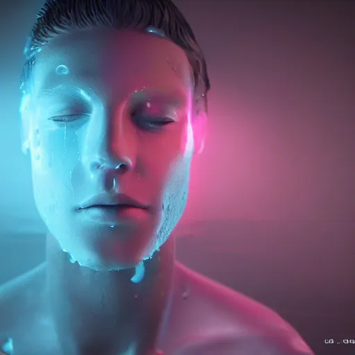 Image similar to a human made out of rain, glowing neon, rendered in octane, unreal engine, highly detailed, realistic, beautiful