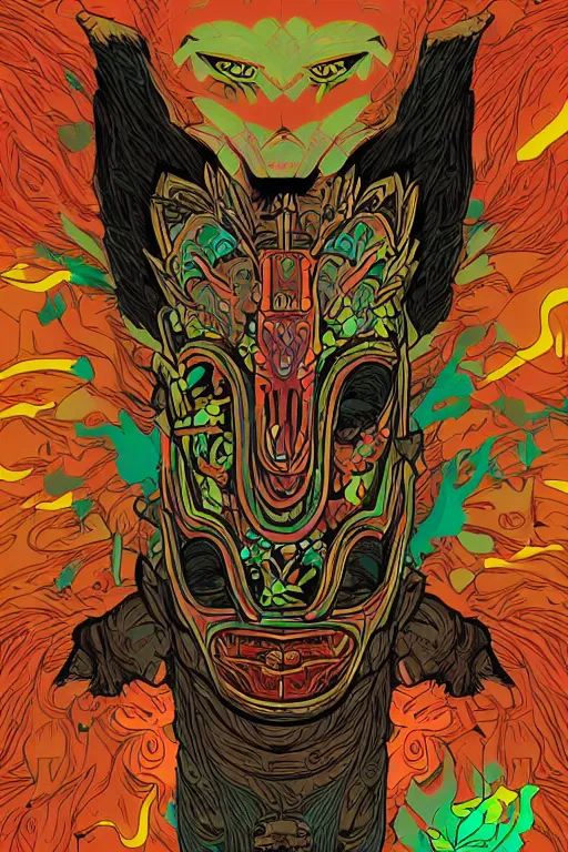 Image similar to animal mask totem roots flower tribal feather gemstone plant wood rock shaman vodoo video game vector cutout illustration vivid multicolor borderlands comics by josan gonzales and dan mumford radiating a glowing aura