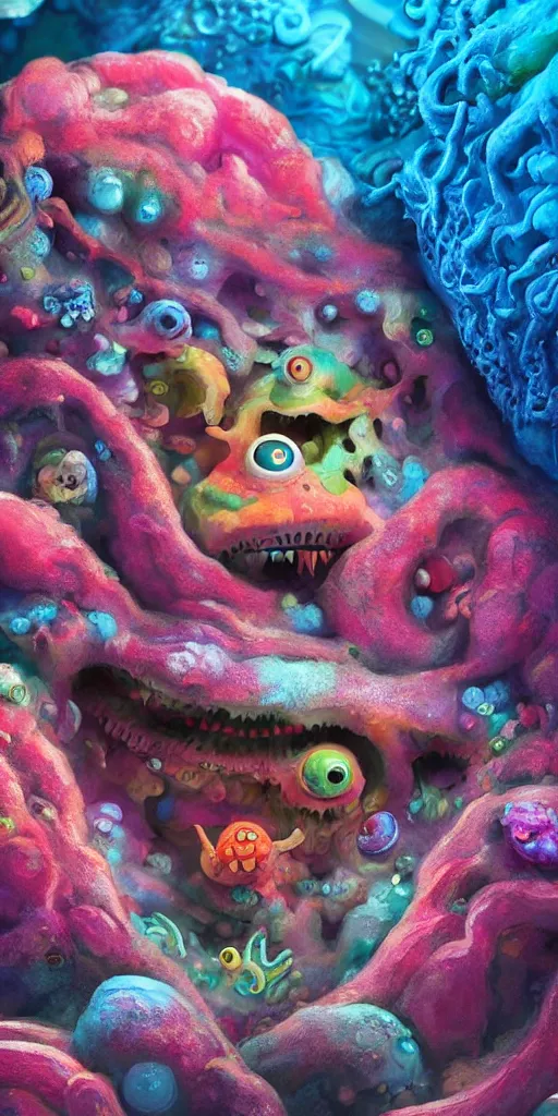 Image similar to of a colorful deep sea cave with strange cute friendly happy creatures with huge eyes, mouth, long tongue and round teeth appearing from sandy coral, in the style of gehry and gaudi, macro lens, shallow depth of field, ultra detailed, digital painting, trending artstation, concept art, illustration, cinematic lighting, photorealism, epic, octane render