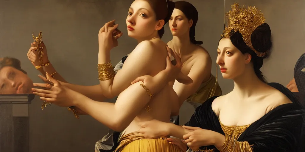Image similar to beautiful oil matte painting, women with gold skin showered with diamonds, wonderful masterpiece highly detailed, beautiful cinematic light deep focus, elegant, digital painting, smooth, sharp focus, golden ratio, dramatic illumination, ultra realistic, 8 k, art by artemisia lomi gentileschi and caravaggio
