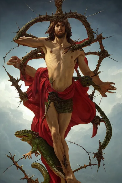 Image similar to fullbody!! dynamic action pose, jesus christ portrayed as a lizard reptile man, holy cross, crown of thorns, christianity, religious, intricate, elegant, highly detailed, digital painting, artstation, concept art, smooth, sharp focus, illustration, art by artgerm and greg rutkowski and alphonse mucha