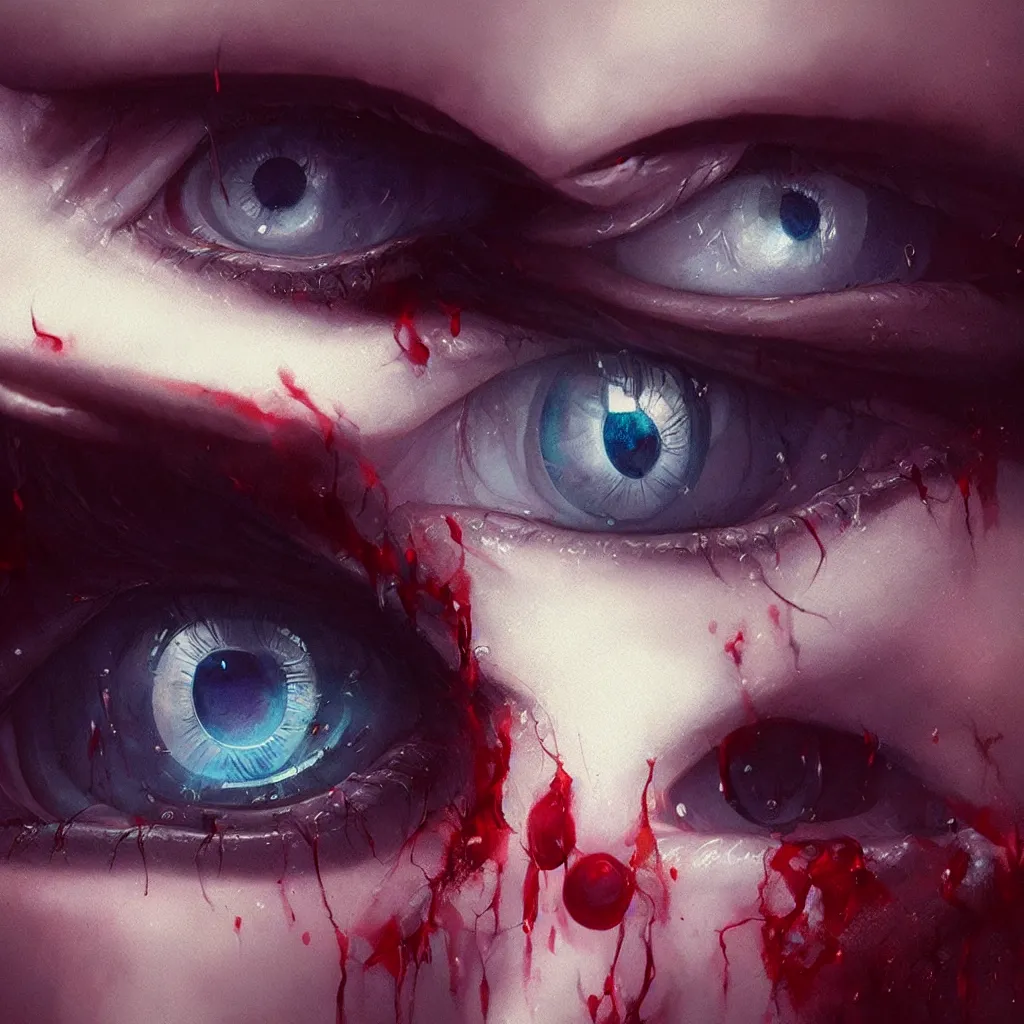 Image similar to beautiful very extreme closeup eyes, many eyes, tears, blood vain, unreal engine, greg rutkowski, loish, rhads, beeple, tom bagshaw, alphonse mucha, global illumination, detailed and intricate environment