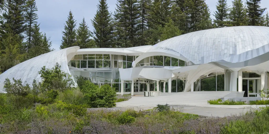 Prompt: large residence in the style of the pacific science center, white arches