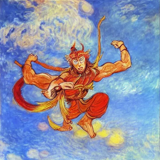 Image similar to Sun Wukong vs god, Journey to the west, 4k, art by Claude Monet