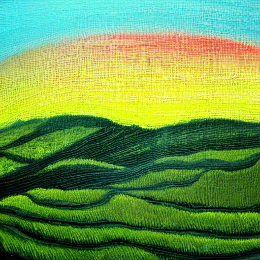 Prompt: abstract painting of a rice paddy, a man farming