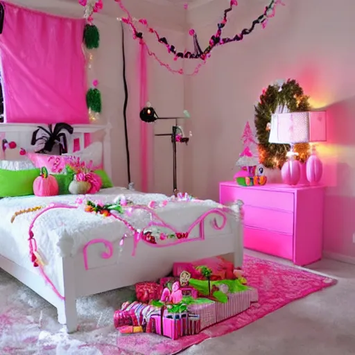Image similar to homemade bubble gum and pastel pink halloween themed christmas bedroom ideas, high resolution, creative, visually appealling