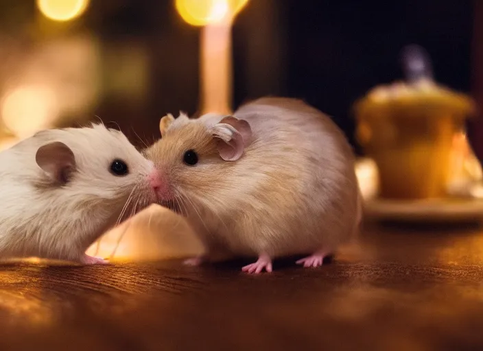 Image similar to photo of a hamsters on a date, kissing, at night, romantic, faded colors, candlelit restaurant table, cinematic color grading, various poses, soft light, centered, sharp focus, 8 k