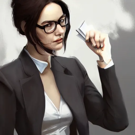 a woman wearing a business suit, highly detailed