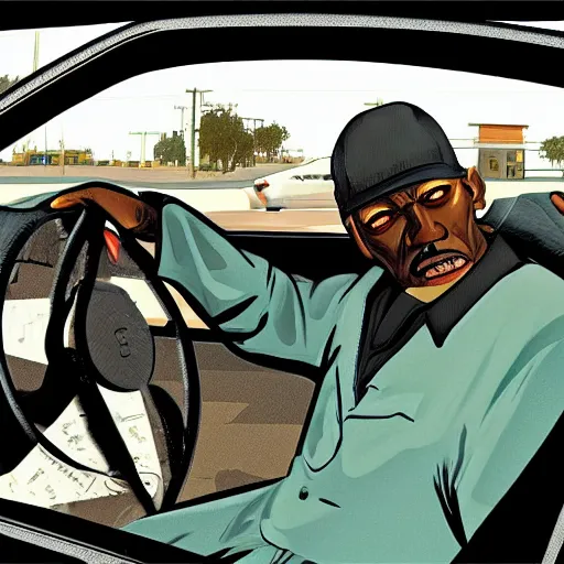 Image similar to old black man in car, gta san andreas art