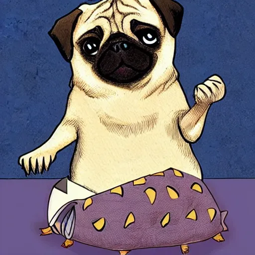 Image similar to a pug dreaming about a well designed hedgehog toy, in the style of a comic book,