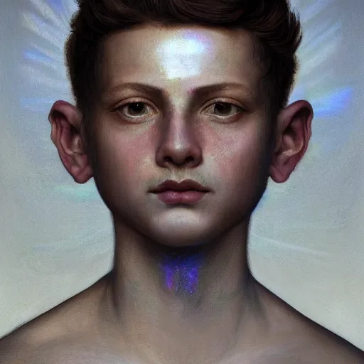 Prompt: a baroque neoclassicist closeup renaissance portrait of a boy with moth wings with iridescent geometric patterns, reflective detailed textures, dark fantasy science fiction painting by diego rivera and jean delville and sam spratt and ruan jia and nicholas roerich, dramatic lighting, gleaming silver and soft muted colors, floral tattoos, artstation, octane render